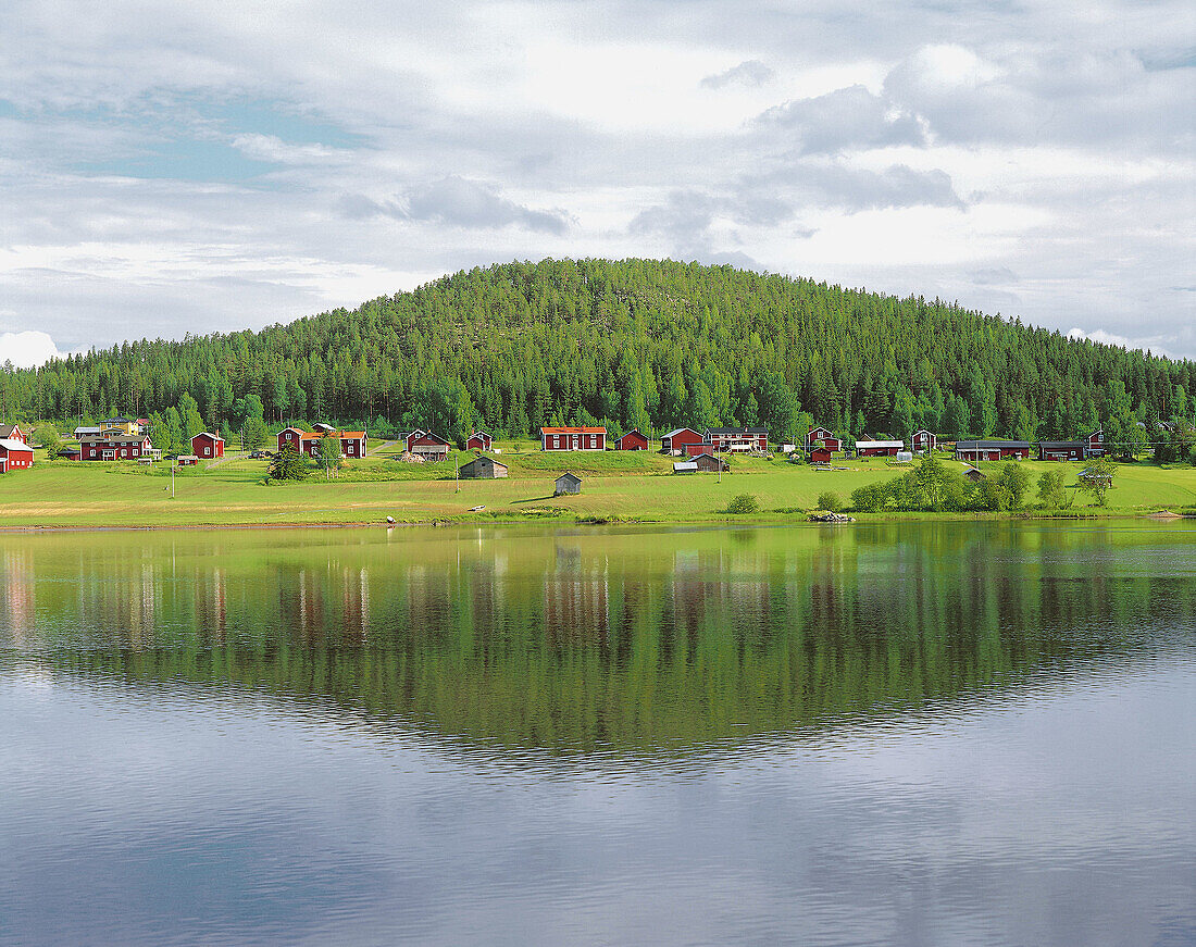Red houses and forest hill. Skellefteälven. Klutmark. Västerbotten. Sweden.