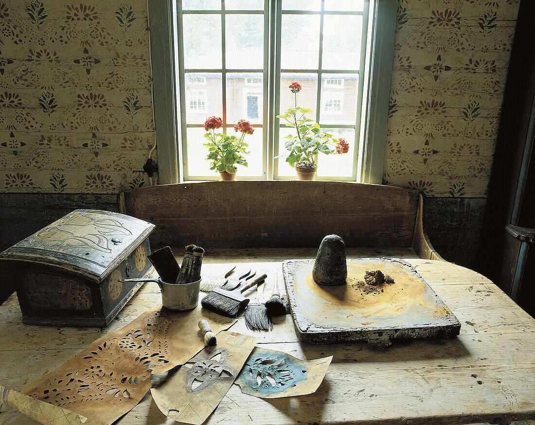 Historical painting, old house, window, colours. Vindeln. Västerbotten. Sweden