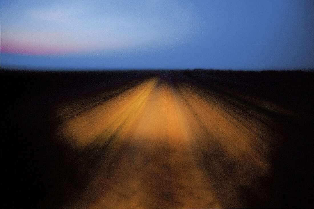 Driving car, dirt road on savanna, car light, evening, night, blurred motion. Masai Mara national reserve. Kenya.