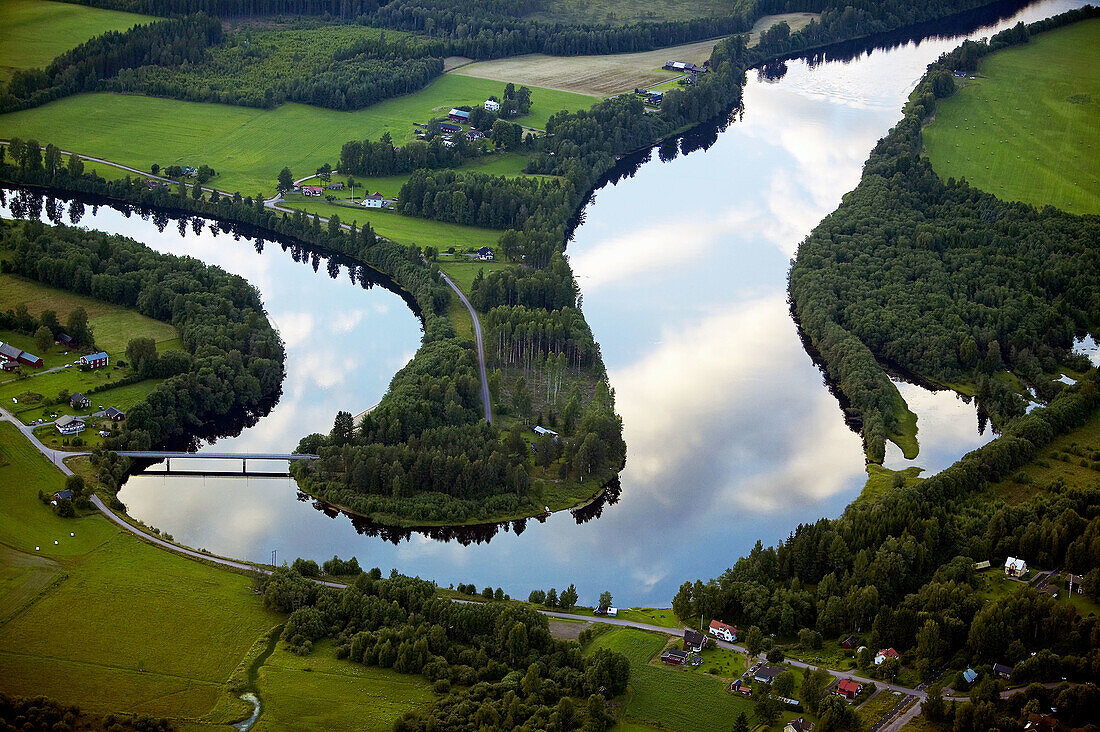 River in agricultural landscape, aerial view. Klarälven. Värmland. Sweden