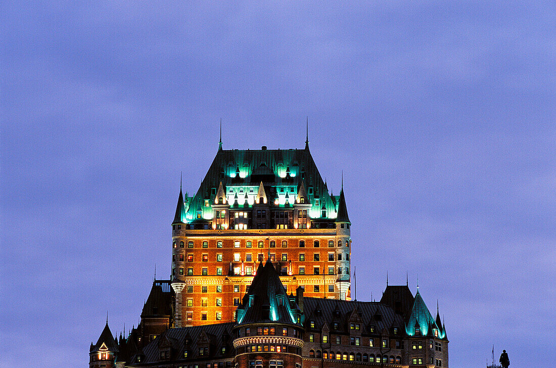 View of Chateau Frontenac at dusk, Quebec City. Quebec, Canada