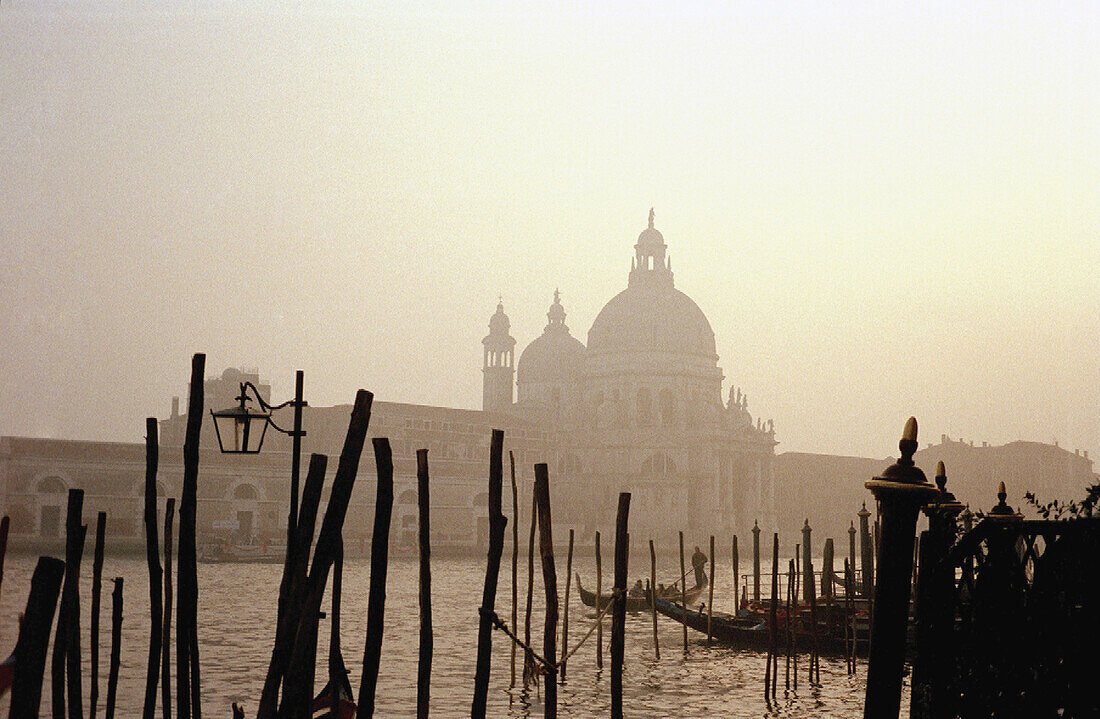 Architecture, Boat, Boats, Church, Churches, Cities, City, Color, Colour, Dock, Docks, Dome, Domes, Dusk, Europe, Exterior, Gondola, Gondolas, Italy, Landmark, Landmarks, Mist, Misty, Outdoor, Outdoors, Outside, Pier, Piers, Pole, Poles, Santa Maria della