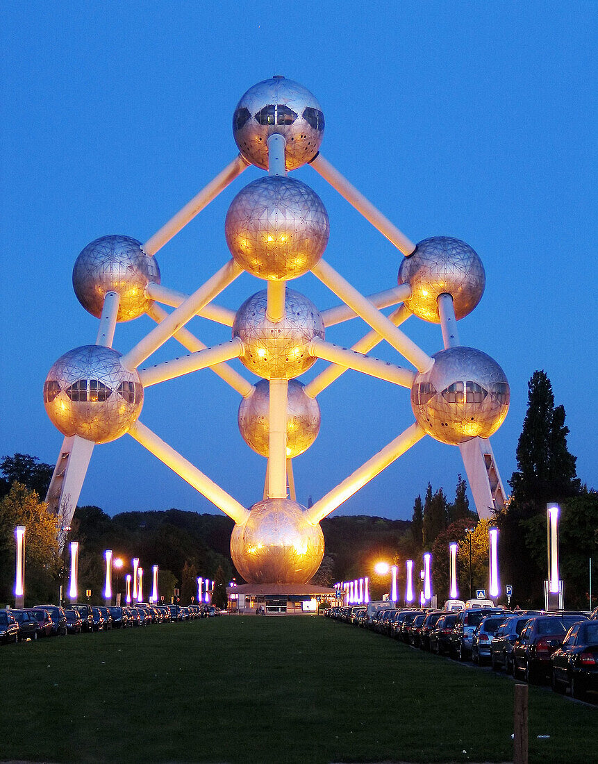The Atomium in Brussels illuminated. Brussels, Belgium