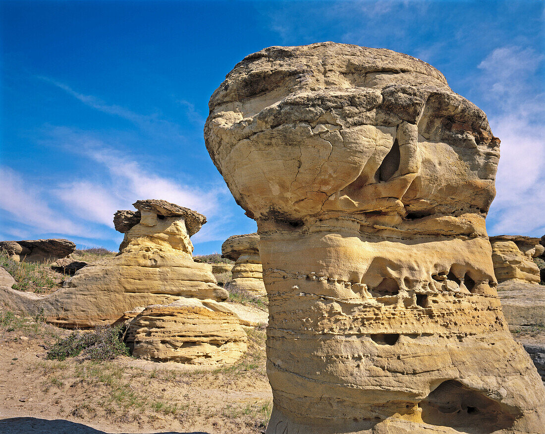 Hoodoos (mushroom shaped rock formations) in Drumheller Valley. Alberta. Canada