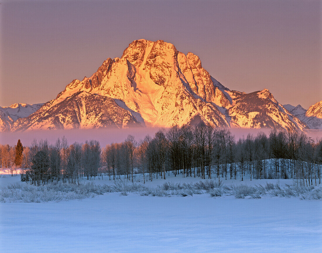 Winter sunrise over Mount Moran. Grand Teton National Park. Wyoming. USA