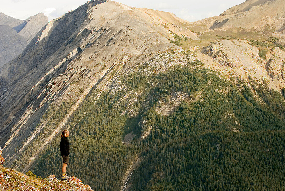 Hiker gazing at views from Parker Ridge, Banff National Park. Canada
