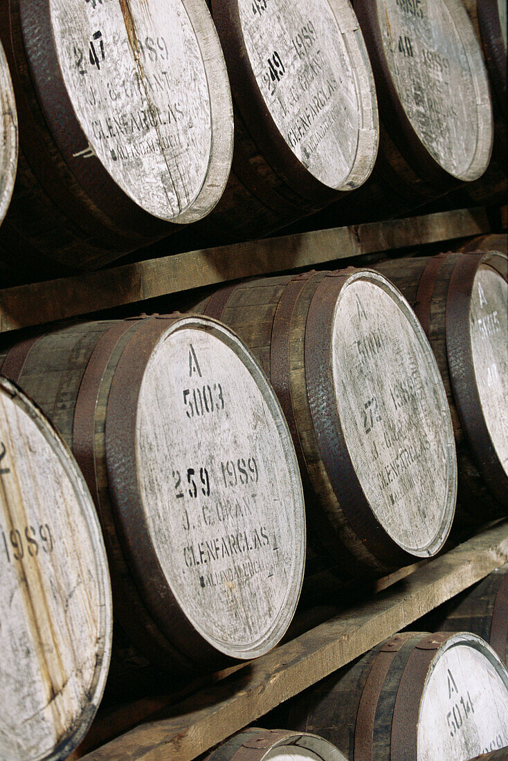 Warehouse. Glenfarclas whisky distillery. Scotland. UK.