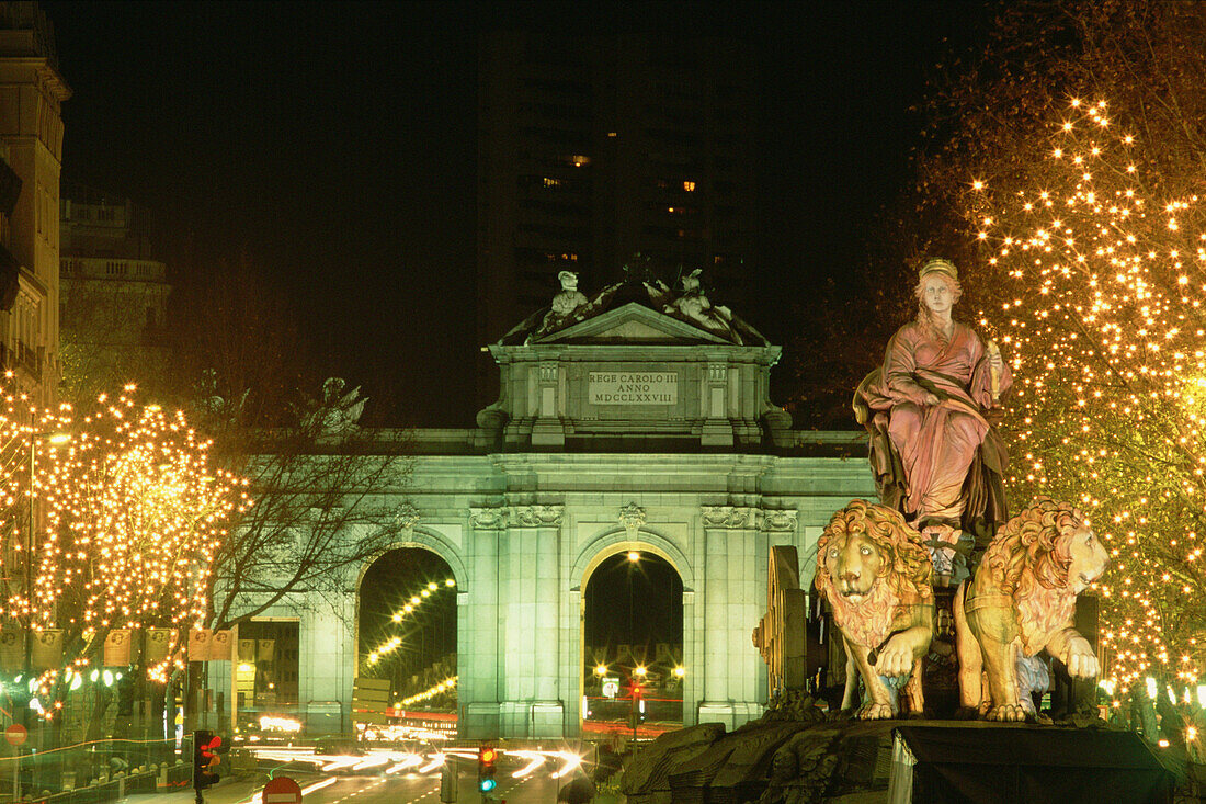 Cibeles and Puerta de Alcalá at Christmas time. Madrid. Spain.
