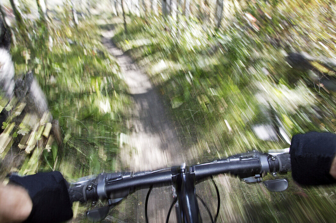 Point of view of  a man mt. biking in Sun Valley, Idaho.  Taken September 2004.  Model released.