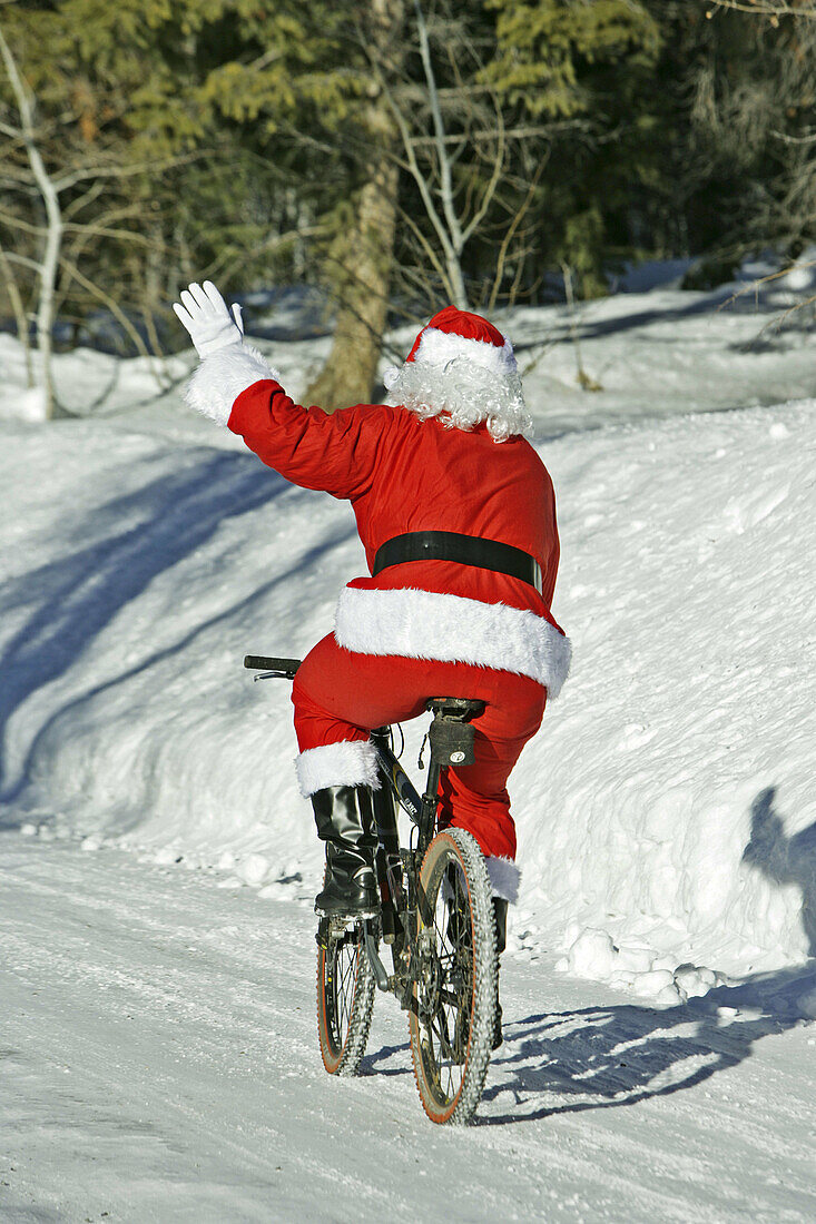 Adult, Adults, Aged, Amusing, Back view, Bicycle, Bicycles, Bicyclist, Bicyclists, Bike, Biker, Bikers, Bikes, Biking, Caucasian, Caucasians, Celebrate, Celebrating, Celebration, Celebrations, Christmas, Color, Colour, Costume, Costumed, Costumes, Country