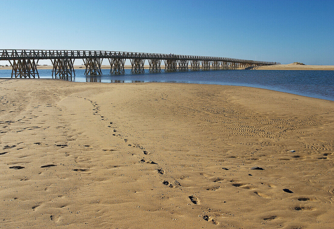 Wooden bridge to access to Punta Caimán beach, Isla Cristina. Huelva province. Andalusia. Spain