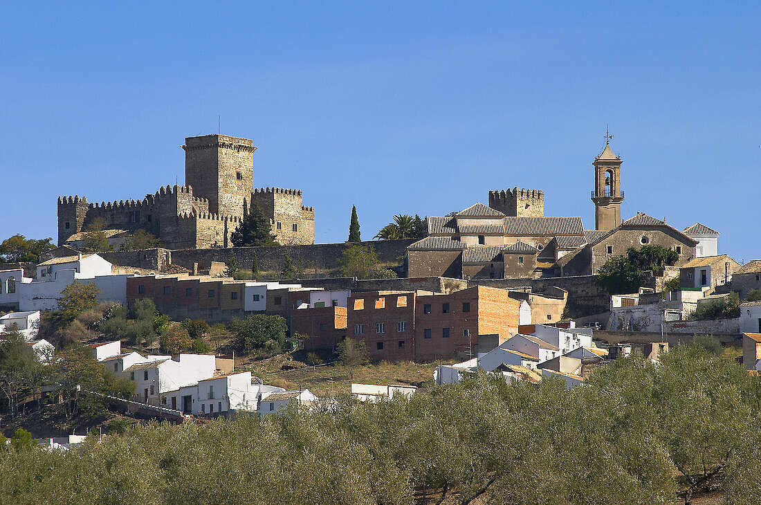 Castle (14th century) and St. Bartholomews church (15th century), Espejo. Córdoba province, Andalusia, Spain