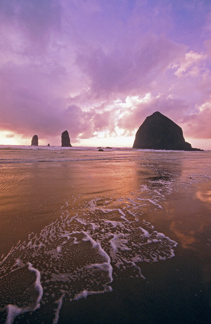 Haystack rock at sunset, Cannon Beach. Oregon, USA