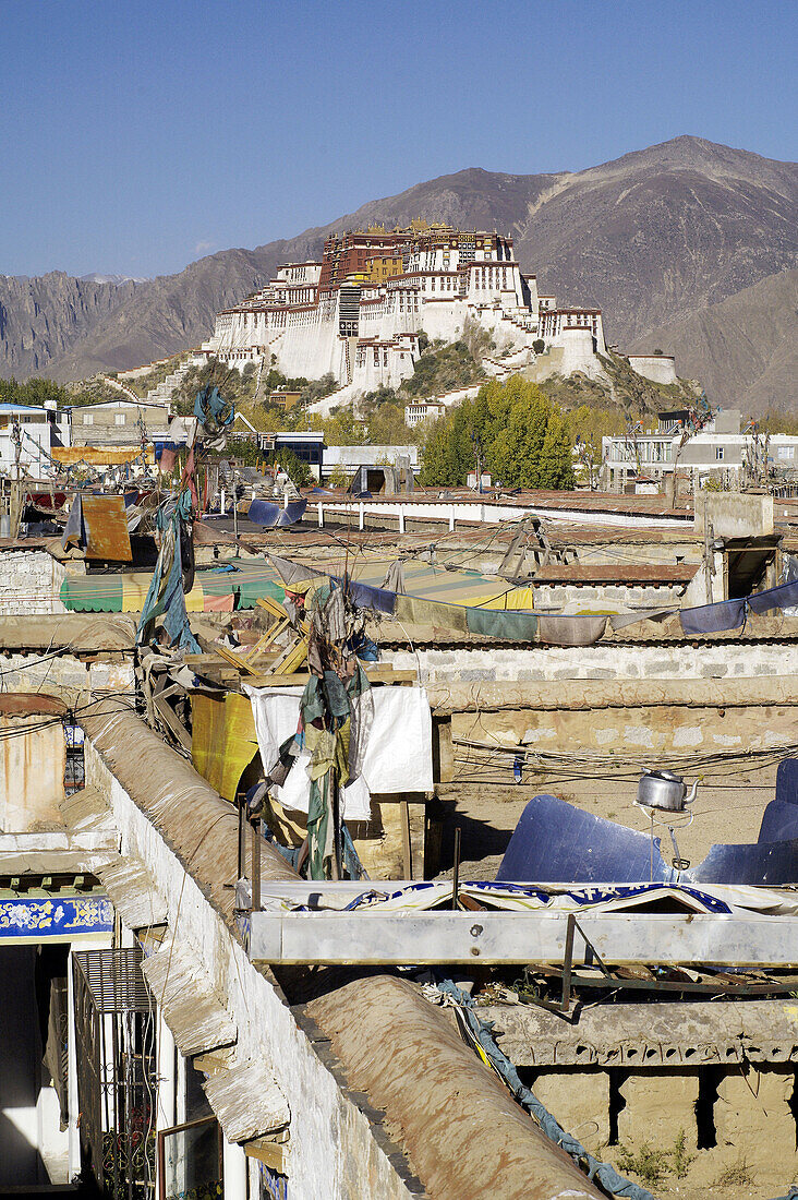 the potala palace seen from the roof of a home. lhasa. lhasa prefecture. tibet. china. asia.
