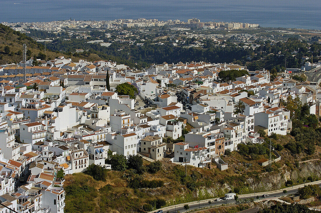 Overview on Frigiliana with Nerja in background. Axarquía mountains region, Málaga province. Andalusia, Spain