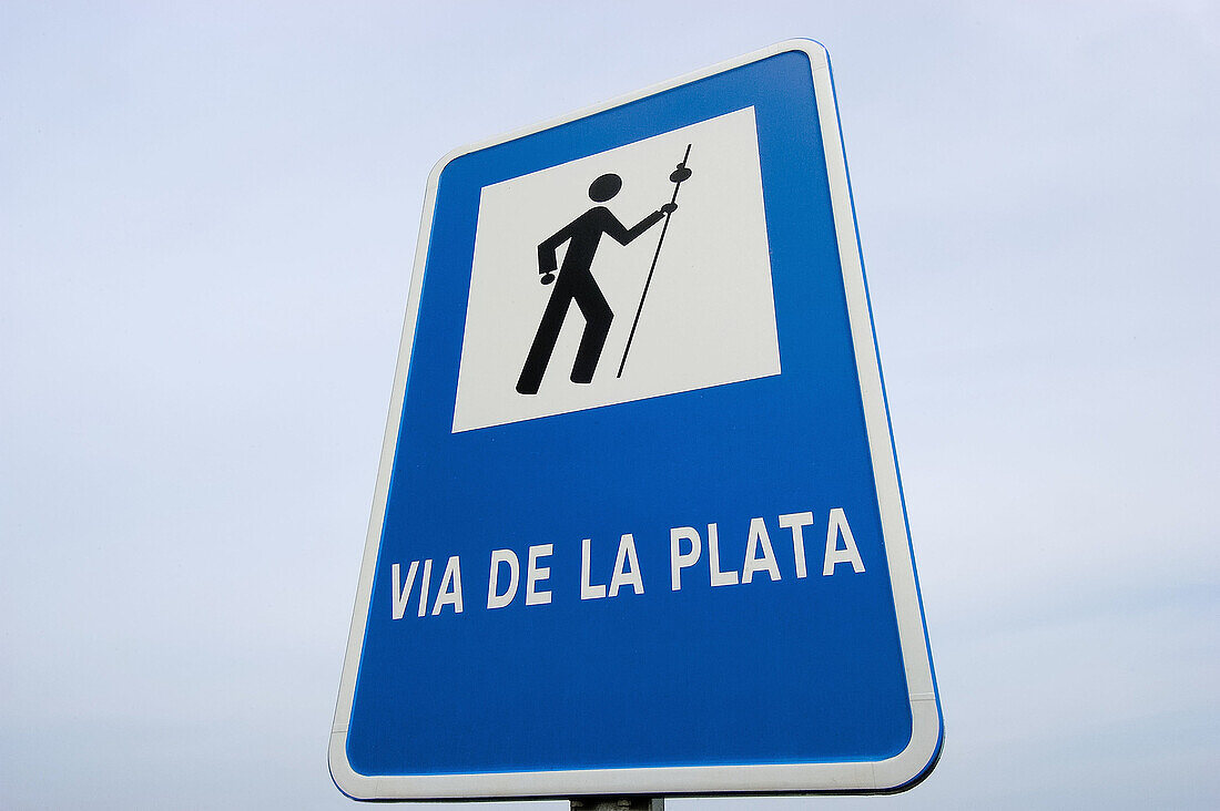 Via de la Plata road sign, Cáceres. Extremadura, Spain