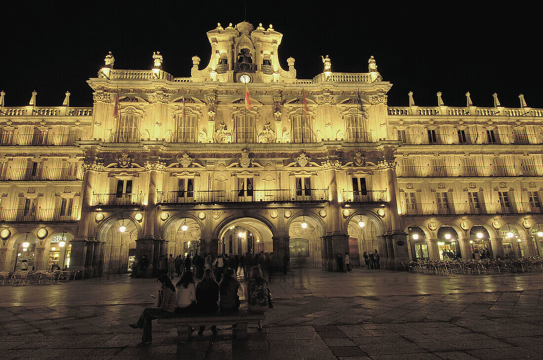 Town Hall at Main Square. View at nigth, Salamanca province. Castilla y Leon, Spain