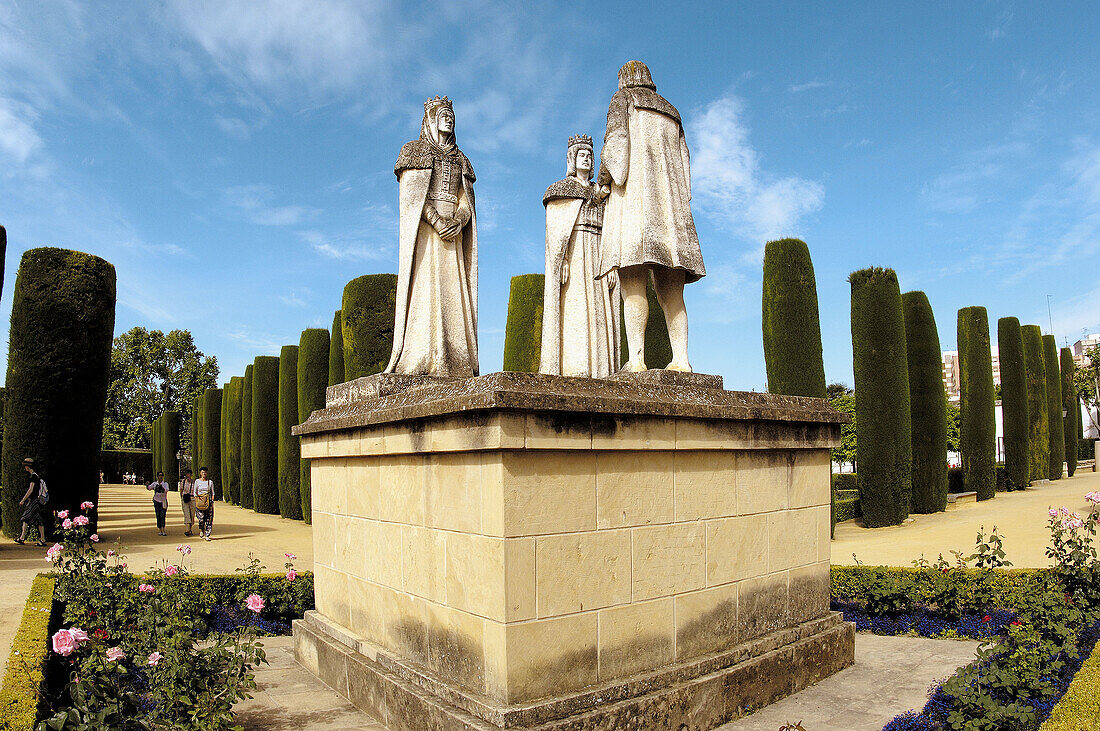 Statues of Queen Isabel, King Fernando and Christopher Columbus in alcazar gardens; Córdoba. Andalusia, Spain