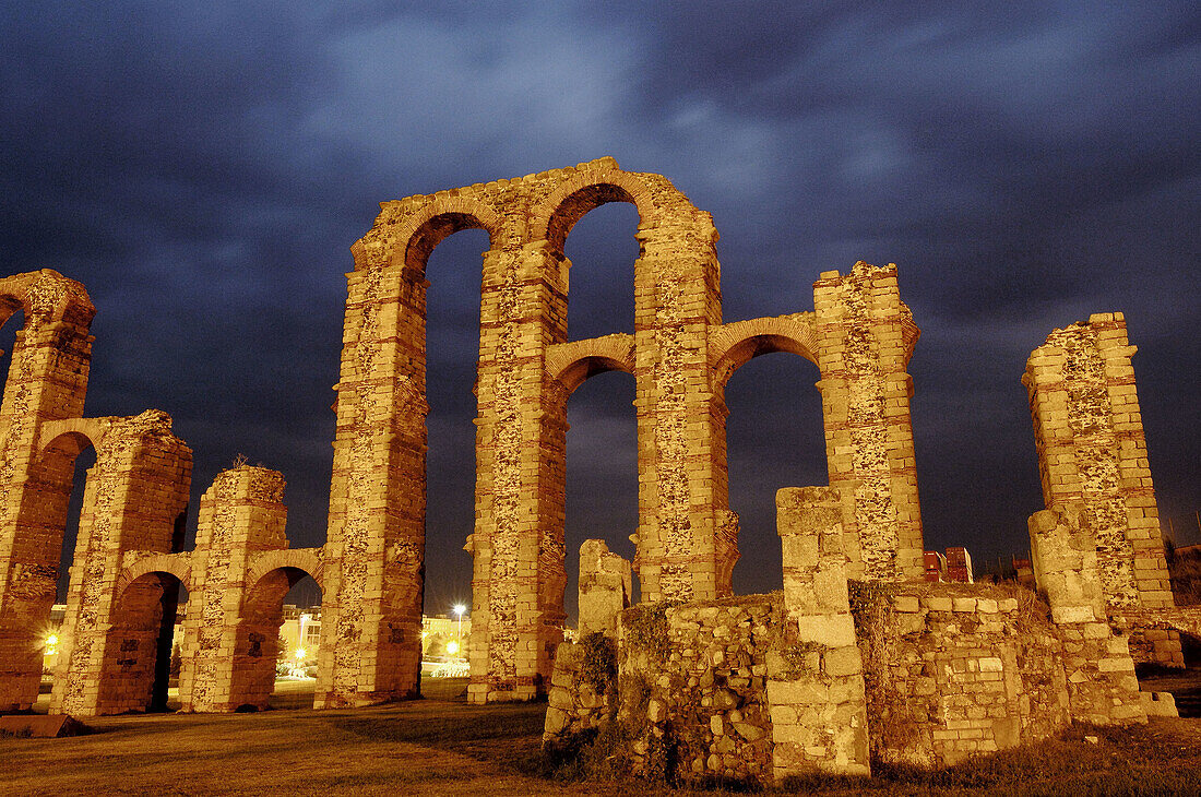 Los Milagros Roman aqueduct at night, Mérida. Badajoz province, Extremadura, Spain