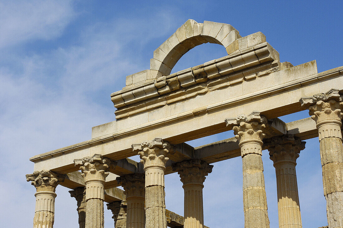 Ruins of Dianas temple in the old Roman city Emerita Augusta, Mérida. Badajoz province, Extremadura, Spain