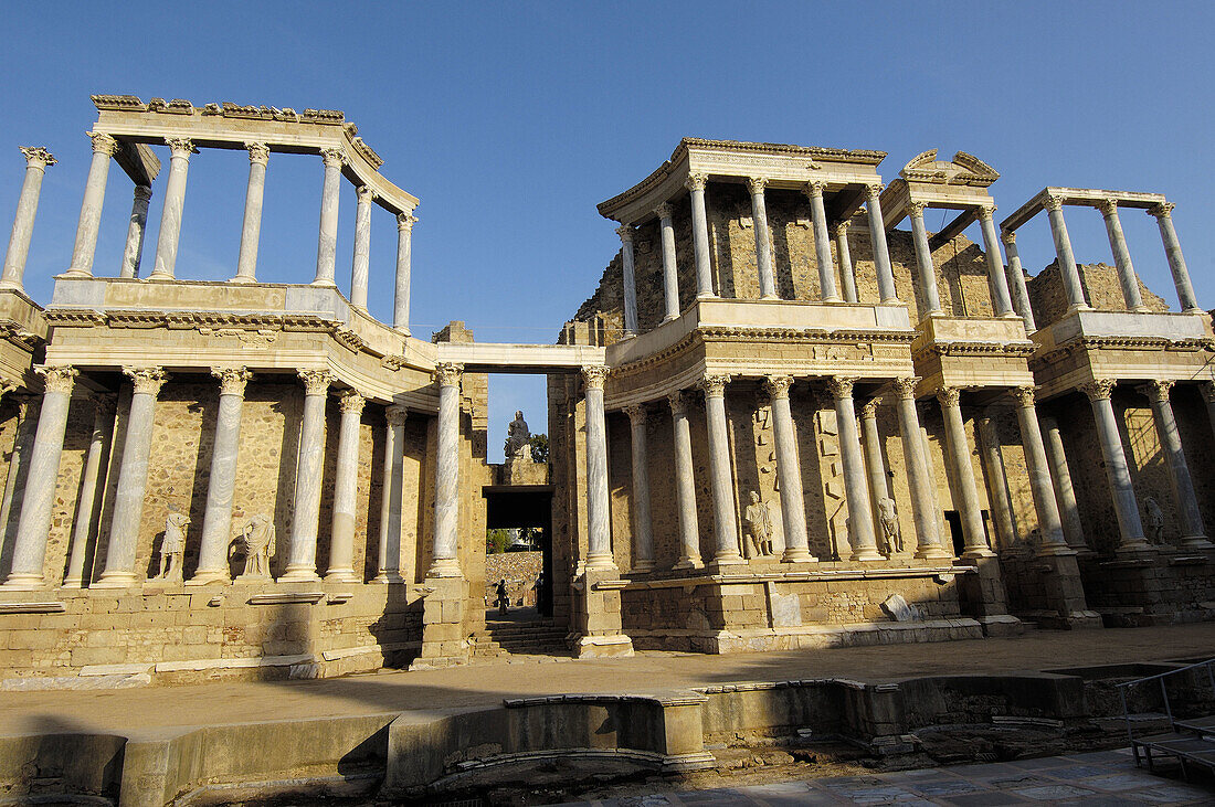 Ruins, Roman theatre of the old city Emerita Augusta, Mérida. Badajoz province, Extremadura, Spain