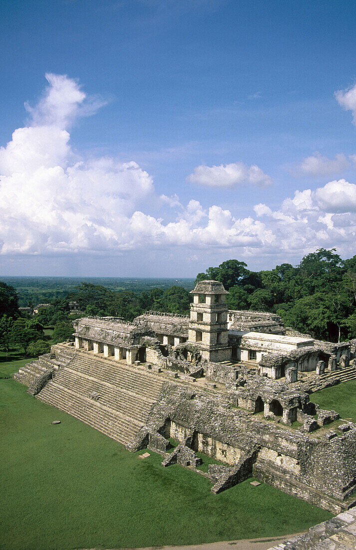 View of El Castillo from the Temple of the Inscriptions, Palenque, Chiapas, Mexico