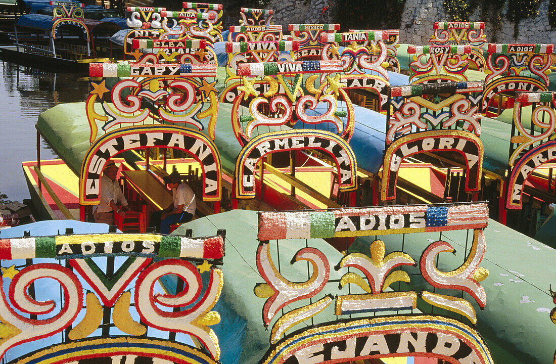 Trajineras (traditional ornated rafts). Xochimilco. Mexico City, Mexico