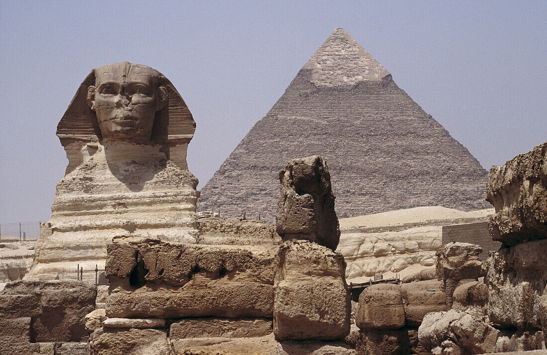 Sphinx and Pyramid in background, Gizeh. Egypt