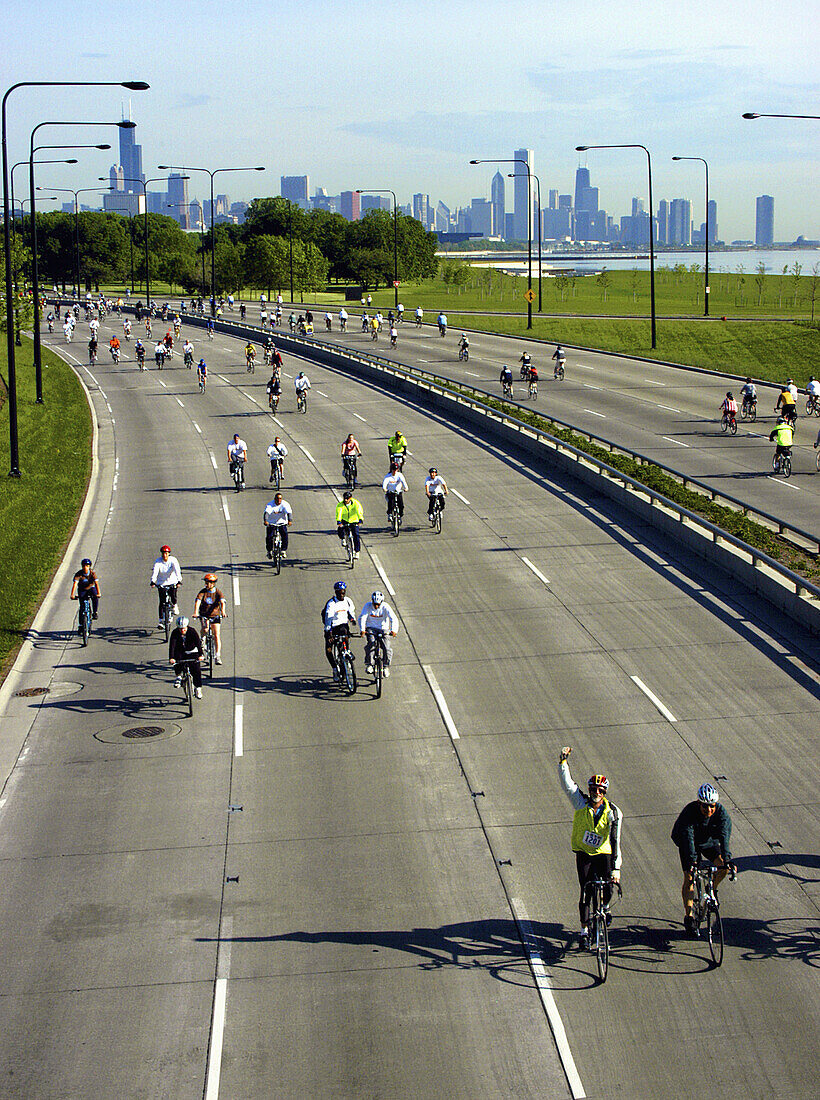 Bike riders get the chance to use Chicagos Lake Shore drive during the Bike the Drive event. Photo taken at the overpass bridge on 39th st. Chicago, Illinois