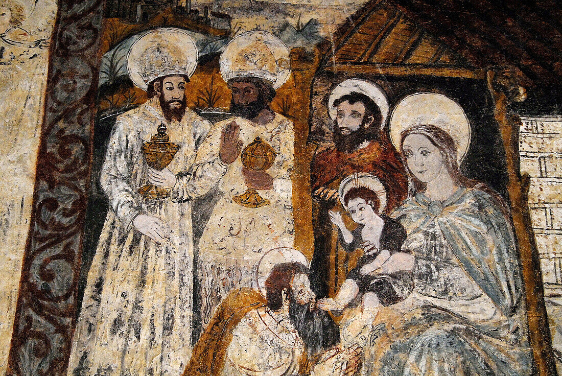 Adoration of the Magi (16th-17th century) fresco in Santa Maria la Mayor collegiate church, Alquezar. Huesca province, Aragon, Spain