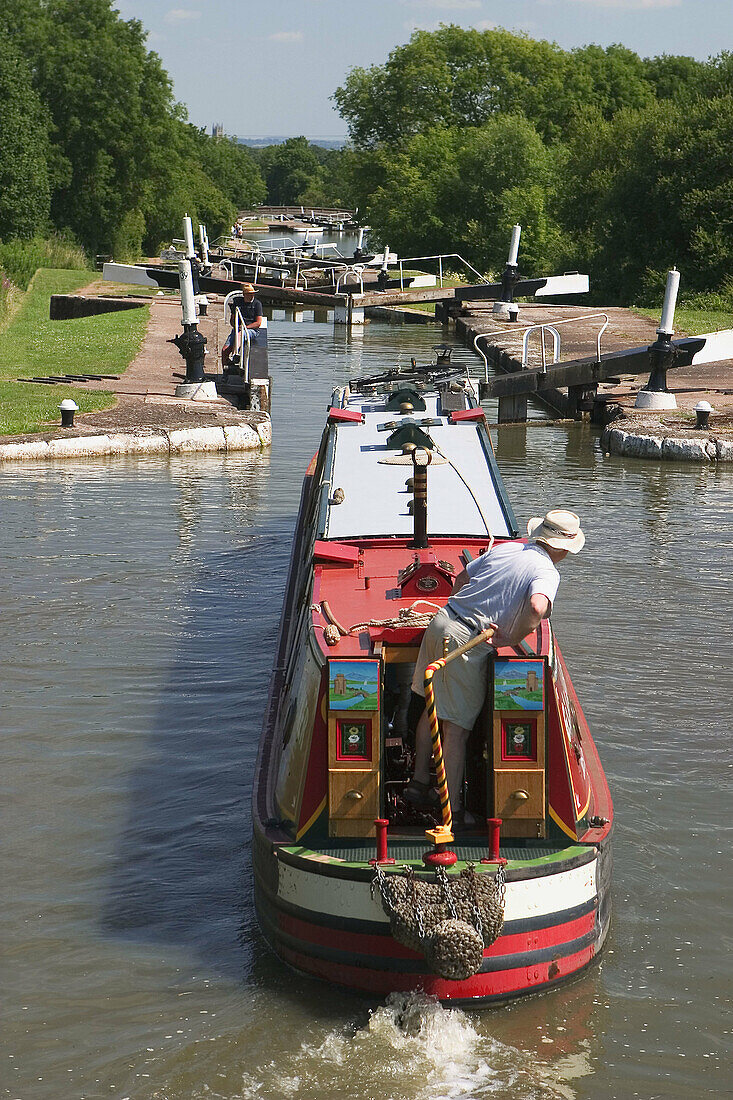 Canal boat at Hatton Locks, Grand Union Canal, near Warwick, UK