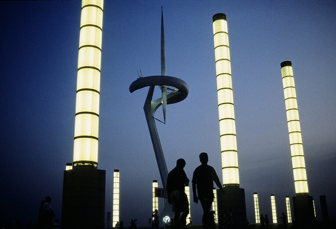 Communications tower by Santiago Calatrava and street lamps, Barcelona. Spain
