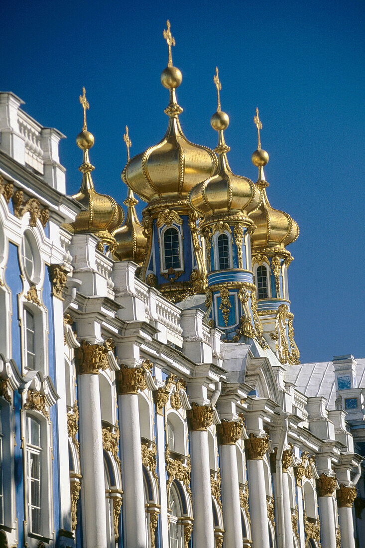 Facade and church belfries of Catherine Palace, Pushkin. St. Petersburg, Russia