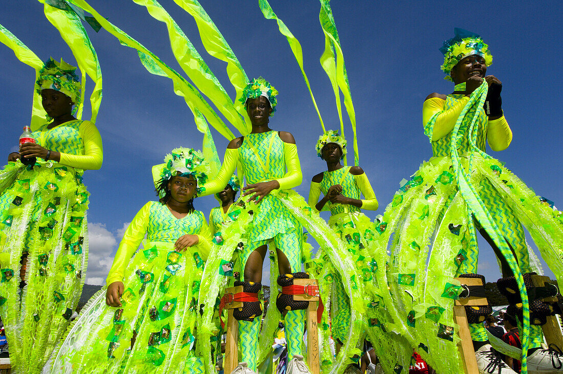 Children stiltwalkers in colorful Carnival costumes, Trinidad Carnival, Queens Park Savannah, Port of Spain, Island of Trinidad