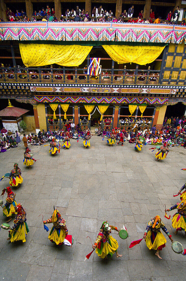 Dance of the Drum from Dramitse, Paro Tsechu (festival), Paro Dzong, Paro, Bhutan