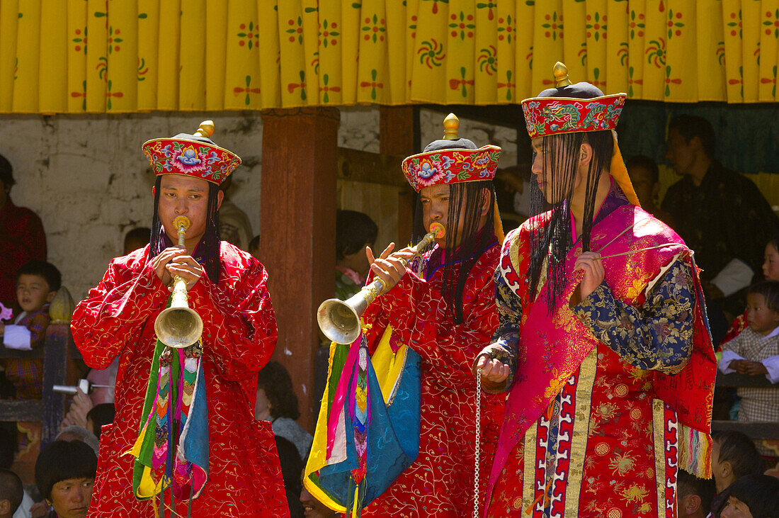 Musicians, Dance of the Judgement of the Dead (Raksha Mangcham) at the Paro Teschu festival, Paro Dzong Monastery, Paro Valley, Bhutan