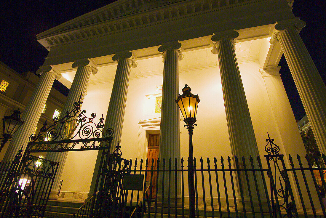 Night scene of Hibernian Hall on Meeting Street in the historic district of Charleston, South Carolina