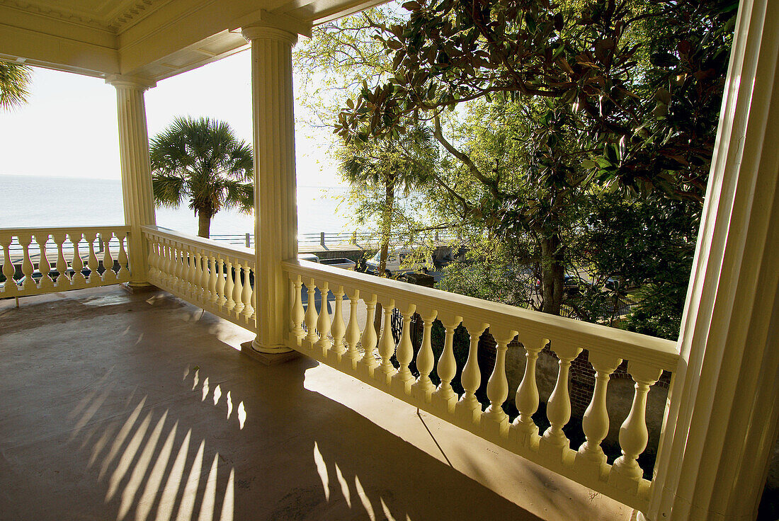 Looking from the balcony of the Edmonston-Alston House (museum) toward the Battery and the Cooper River, East Bay Street, in the historic district of Charleston, South Carolina