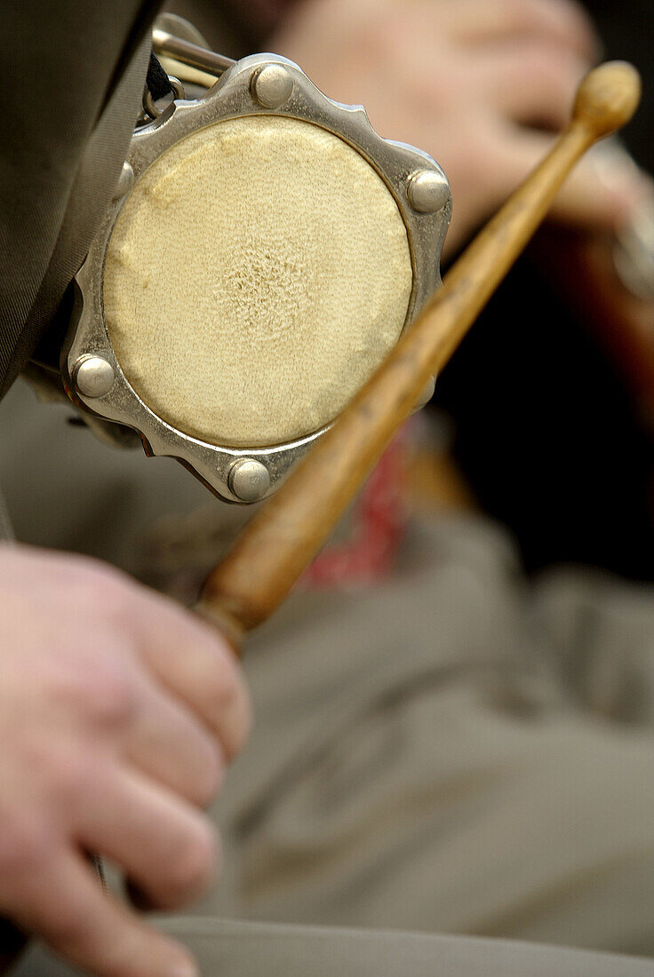 Tamborí is the instrument giving the rhythm in a sardana in a Cobla (music band). Sardanas in Crespià Fira de la Mel (Honey Fair). Pla de lEstany. Girona province. Spain.