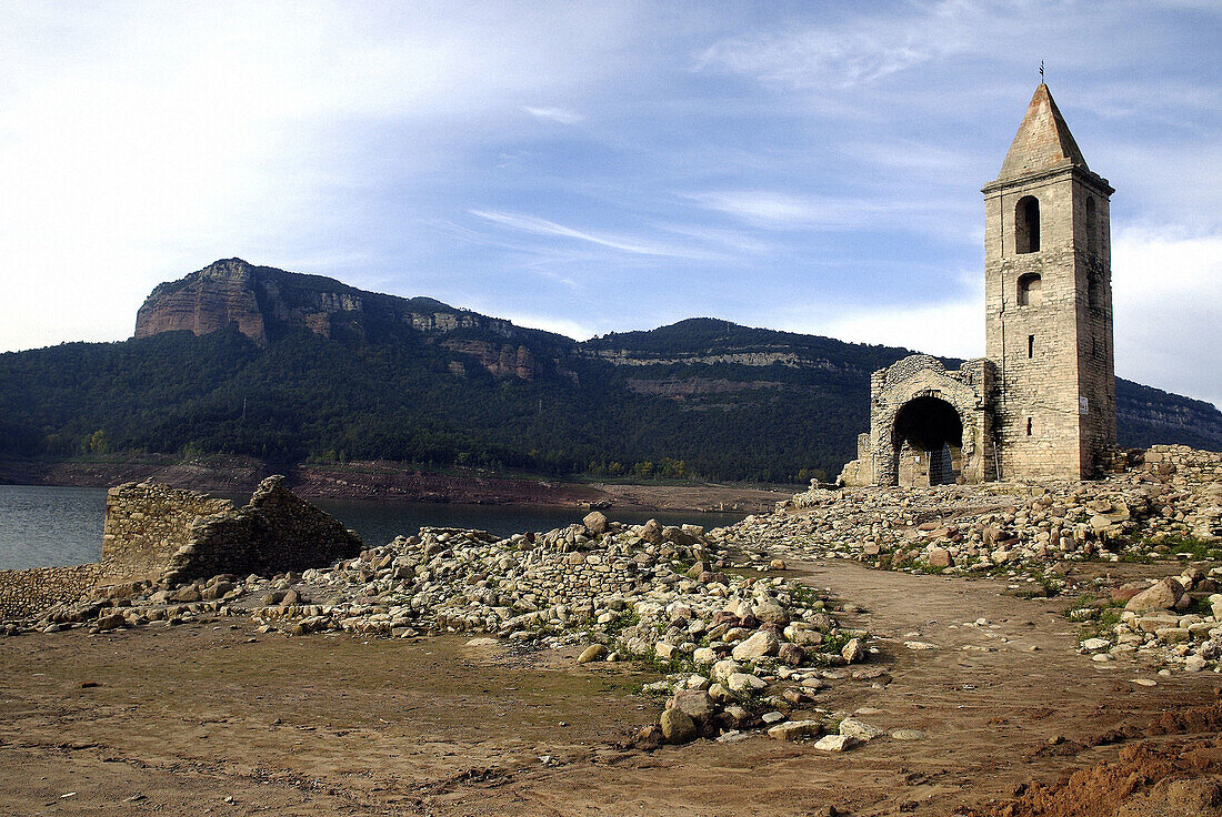 Old church of Vilanova de Sau, town in Sau reservoir which can be seen when the water level is low. Osona, Barcelona province. Catalonia, Spain