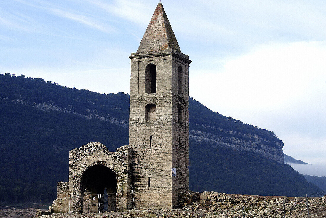 Old church of Vilanova de Sau, town in Sau reservoir which can be seen when the water level is low. Osona, Barcelona province. Catalonia, Spain