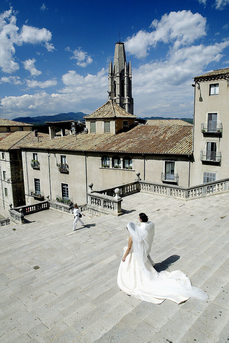 Church of Sant Feliu from the stairs in front of cathedral, Girona. Catalonia, Spain