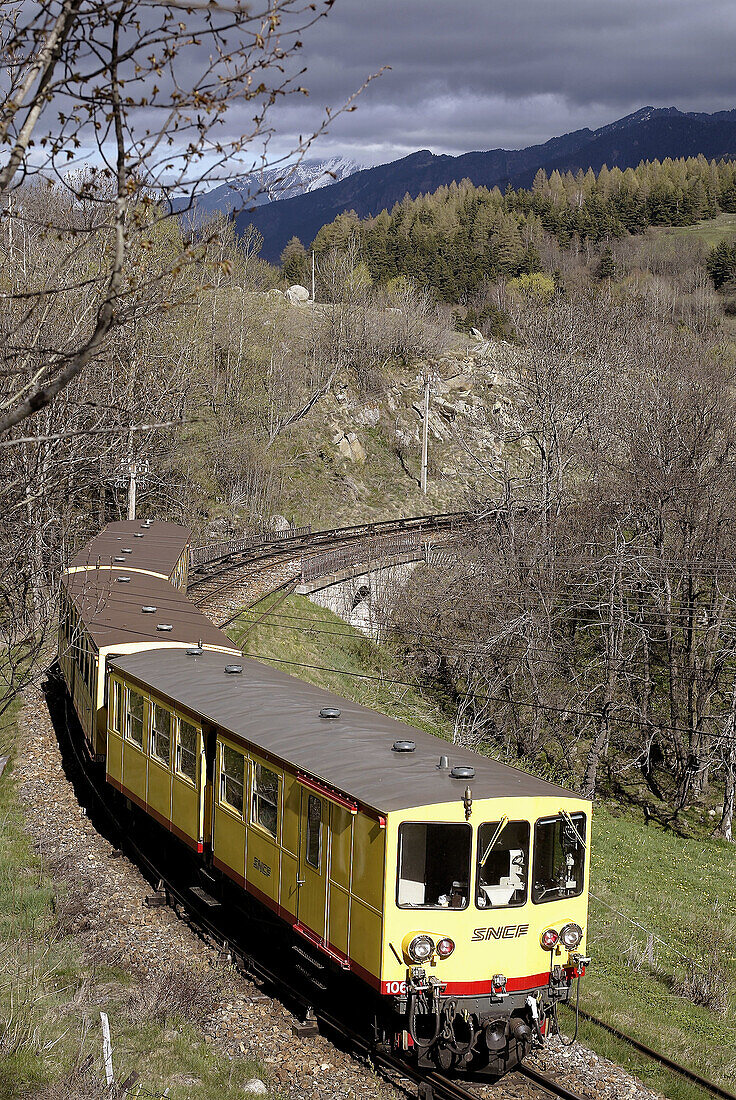 Le Train Jaune. Near Bolquère-Eyne Station. Villefranche-de-Conflent, Languedoc-Roussillon, France.