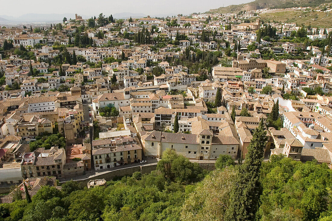 View of the Albaicín typical quarter from the Alcazaba, Alhambra, Granada, Andalucía, Spain