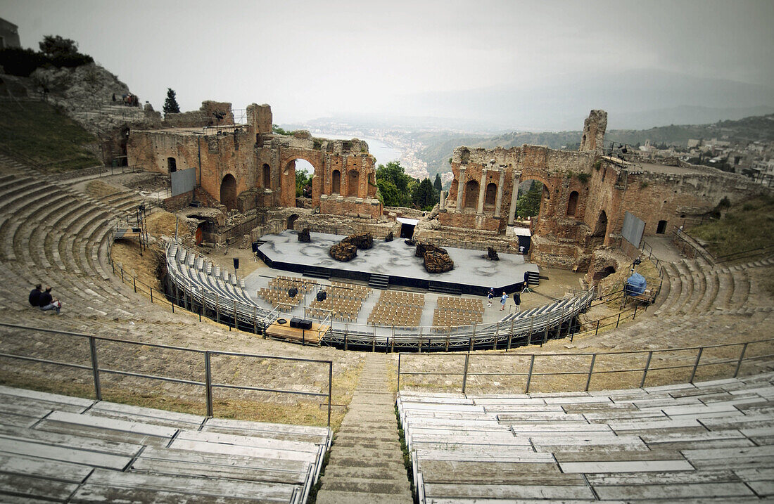 Ruins of old Greek theatre rebuilt in Roman times, Taormina. Sicily, Italy