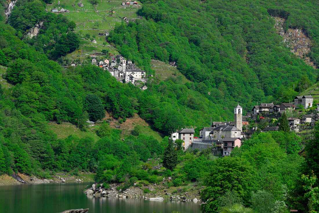 villages of Crippo und St. Bartholomeo above reservoir of Verzasca, valley of Verzasca, Verzascatal, Ticino, Switzerland