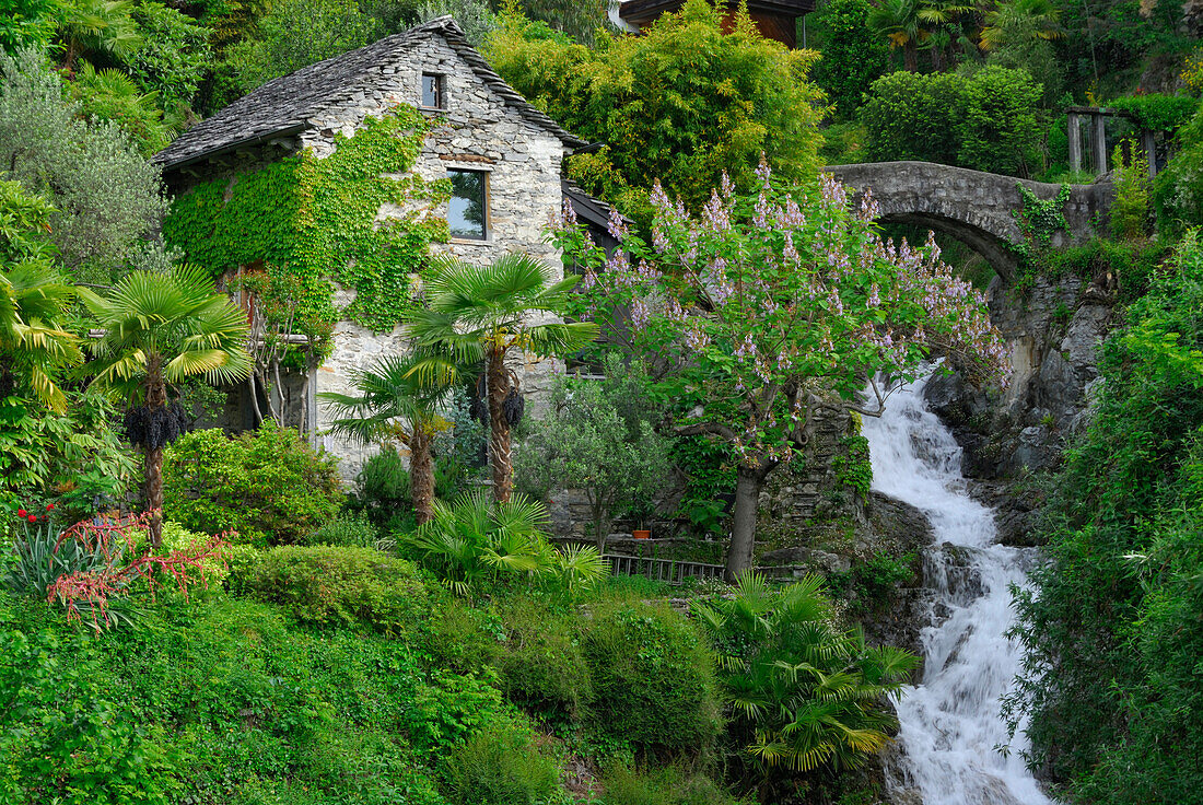 House with bridge crossing stream, Ticino, Switzerland