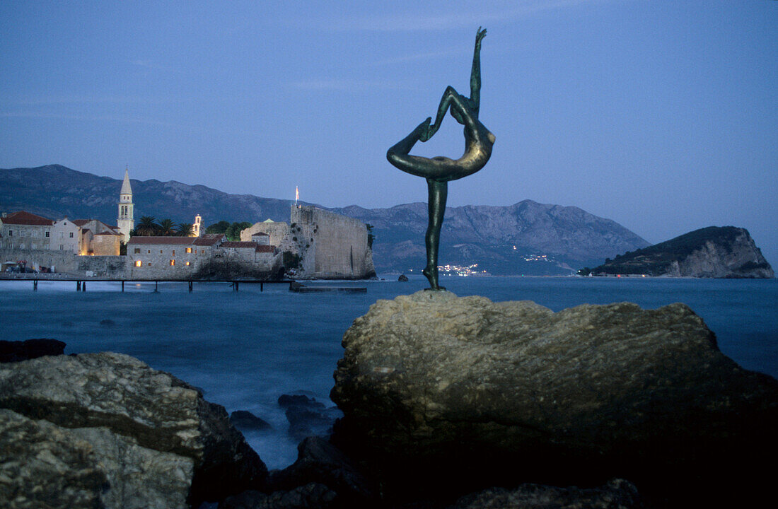 Castle and statue of mermaid, Budva, Montenegro