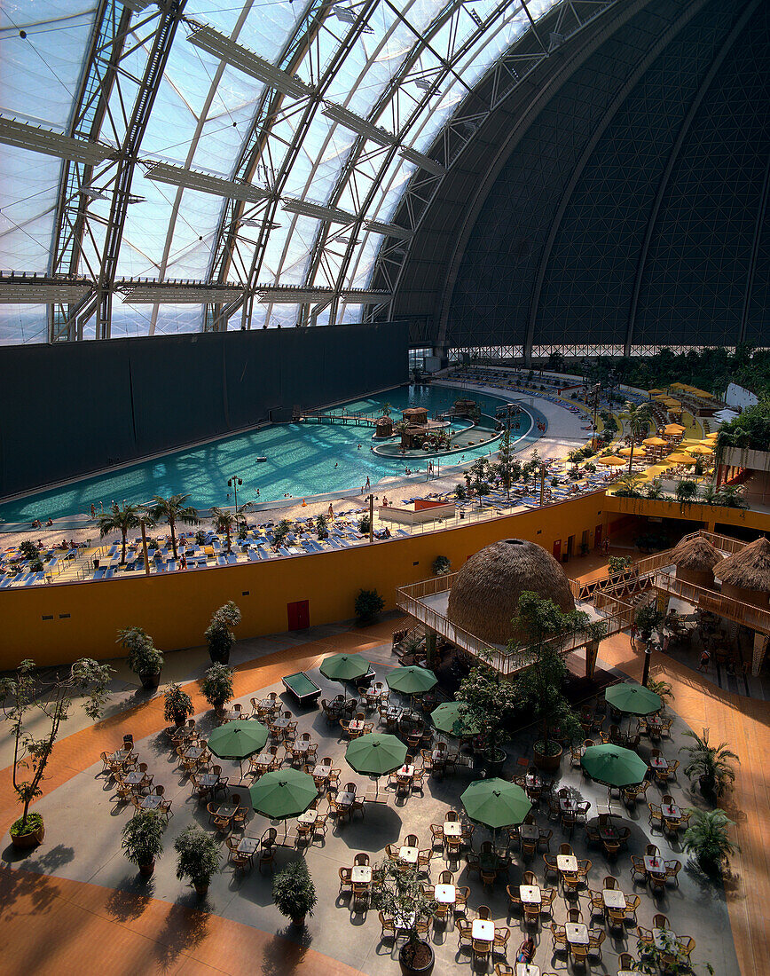 Pool with beach, Tropical Island Resort, artficial beach world, in former Cargolifter hall (Largest unsupported hall in the world: 360 x 210 x 107 m), in Krausnick, Lower Spreewald, Brandenburg, Germany