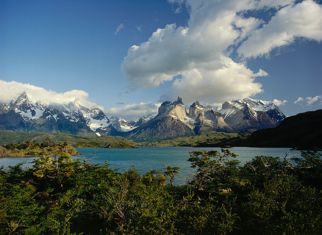 Landscape with Paine Mountain and Lago Pehoe, national park Torres del Paine, Andes, Patagonia, Chile, South America